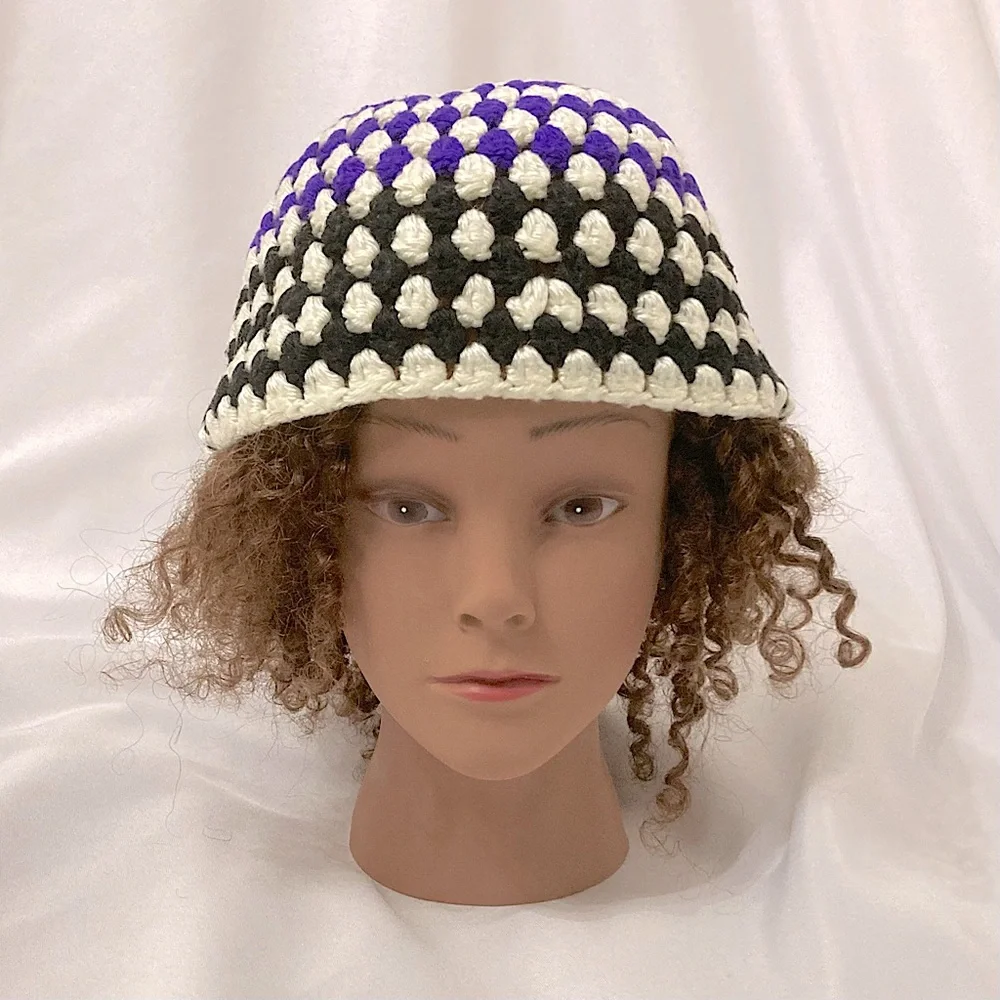 ⭐️ Vintage Hand Knit Beanie Purple Black And White Striped Winter Hat